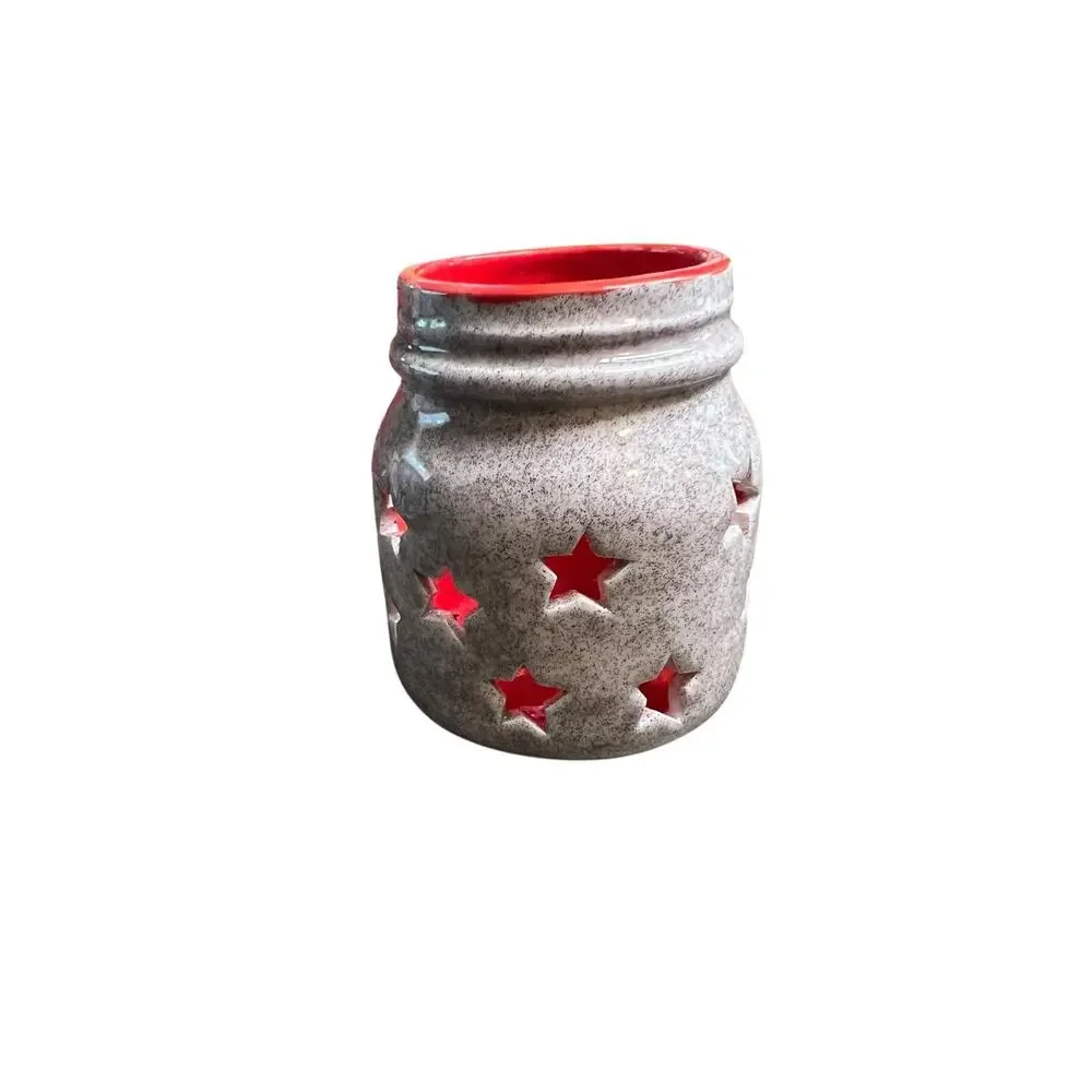 Rustic Ceramic‎ Star Lantern Speckled Grey Red Interior Mason Jar Style 3.5